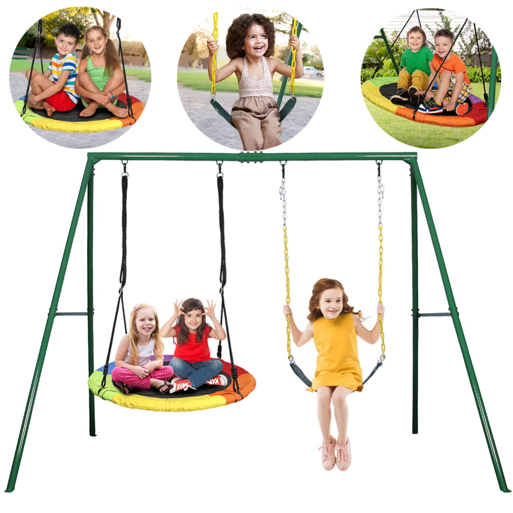 KLOKICK 440lbs 2 Seat Metal Swing Set with Heavy Duty A-Frame Metal Swing Stand