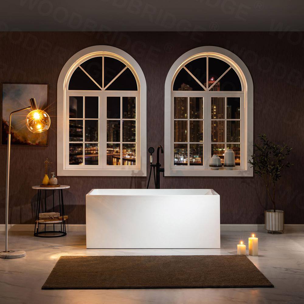 WOODBRIDGE Ahri 59 in. Acrylic Flatbottom Rectangle Bathtub with Matte Black Overflow and Drain Included in White HBT5897