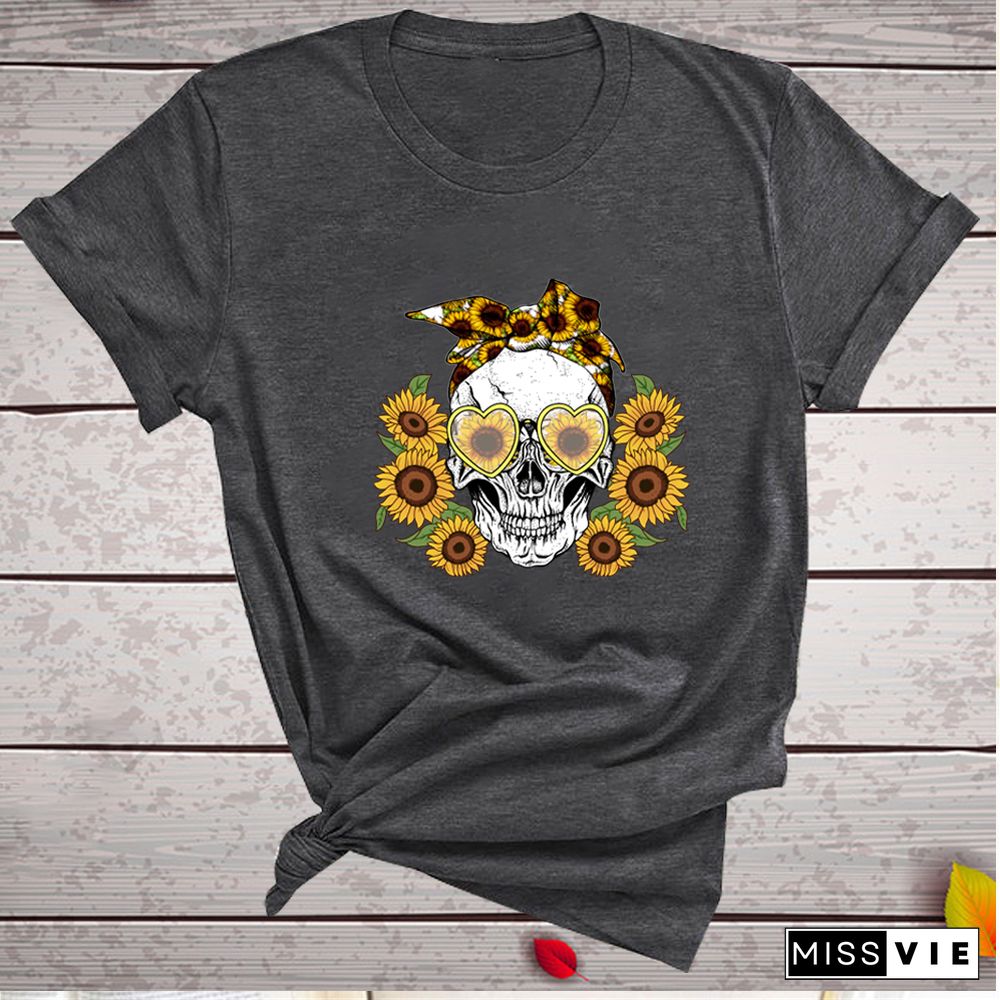 Skull Sunflowers Print T-shirts Women Summer Graphic Tees Gothic ShirtsFor Women Loose Aesthetic Clothes Ropa Mujer