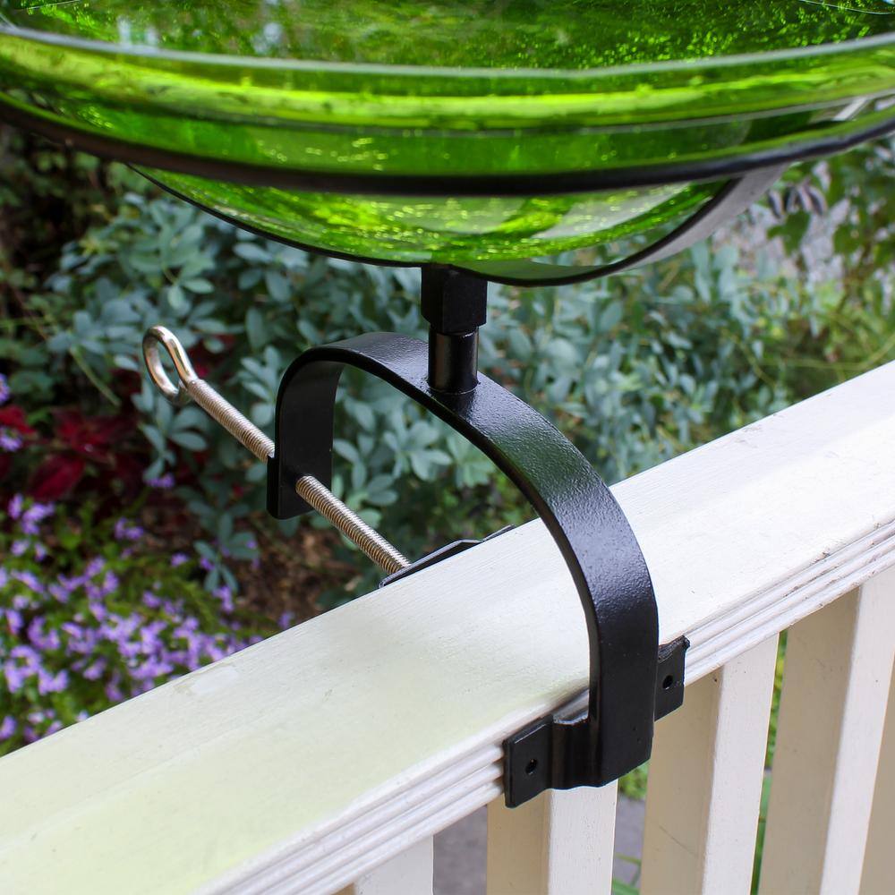 ACHLA DESIGNS 12.5 in. Dia Round Fern Green Crackle Glass Birdbath w/Black Wrought Iron Over Rail Bracket CGB-05FG-OR2