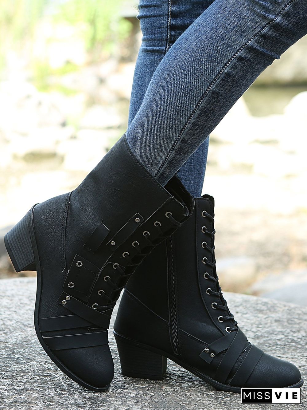 Women's Retro Comfy Chunky-heel Lace-up Riding Riding Boots