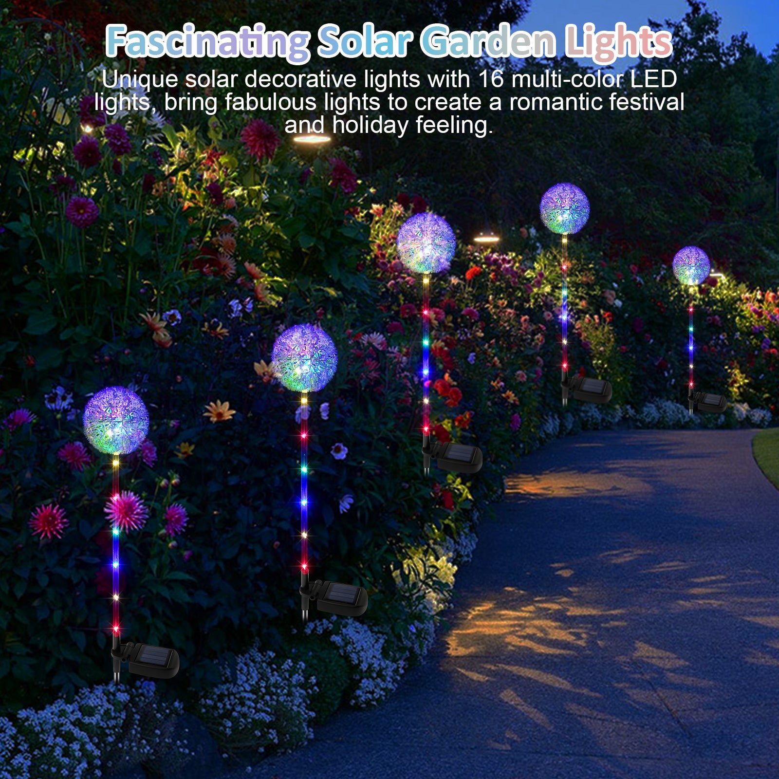 2pcs Solar Garden Lights Outdoor， TSV 16 LED Solar Decorative Dandelion Lights， Waterproof Landscape Stake Light for Pathway Patio Yard Lawn， Multicolor