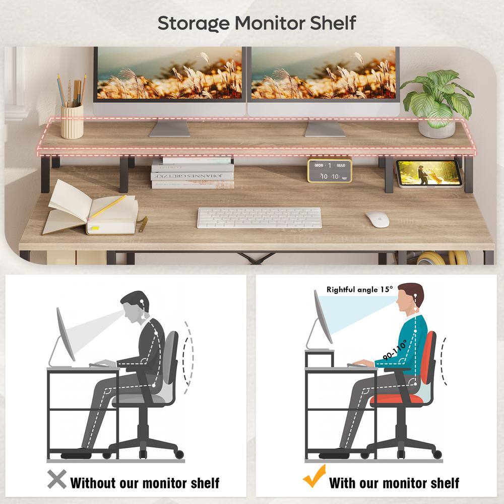 Bestier 55.12 in. Light Oak Computer Desk with Monitor Shelf D074G-OAK