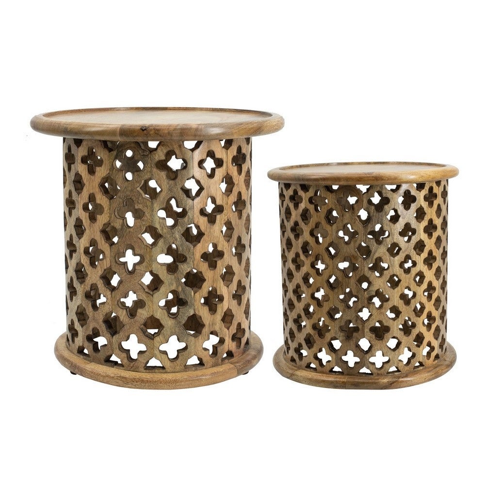 18， 16 Inch Side Tables， Mango Wood， Quatrefoil Design， Set of 2， Brown - 34 H x 23 W x 23 L