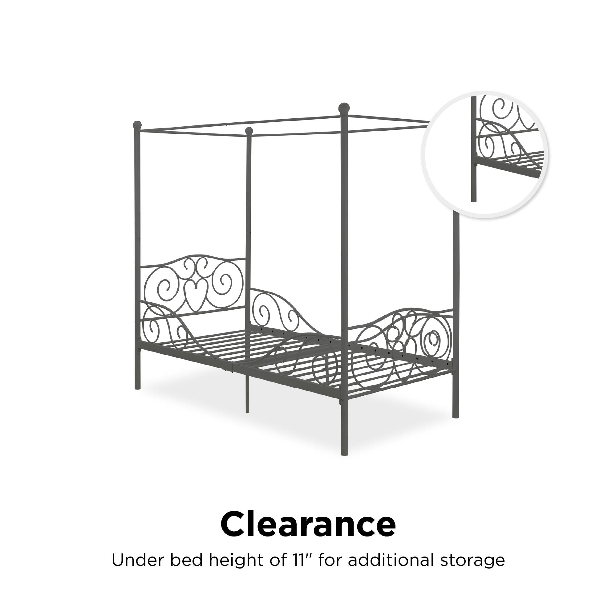 Elm & Oak Metal Canopy Kids Poster Bed, Twin, Pewter