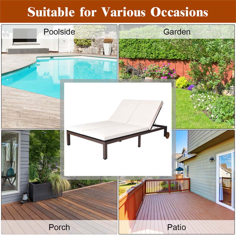 2-Person Rattan Patio Daybed Double Outdoor Chaise Lounge Chair with Adjustable Backrest, Wheels & Cushion