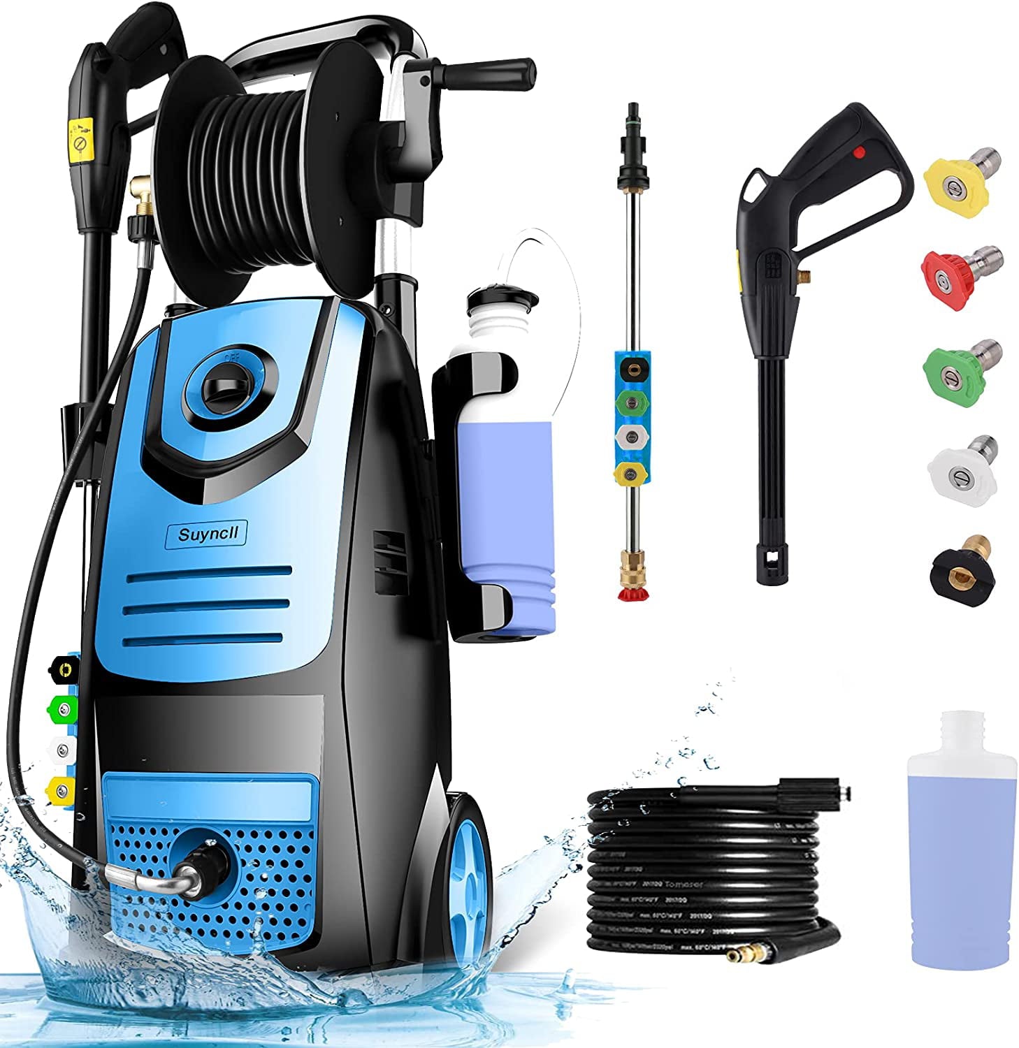 Electric Pressure Washer,1.8GPM Pressure Washer with Power Hose Gun Turbo Wand,1800W High Power Washer Cleaner Machine with 5 Interchangeable Nozzle & Hose Reel, for Cleaning Patio, Garden,Yard Green