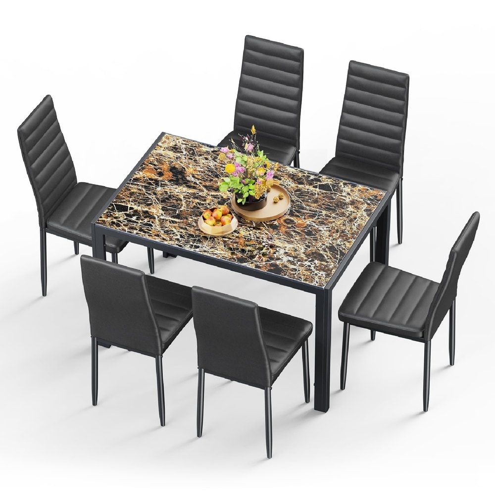 7 Piece Glass Dining Table Set for 6 with High Back PU Leather Chairs