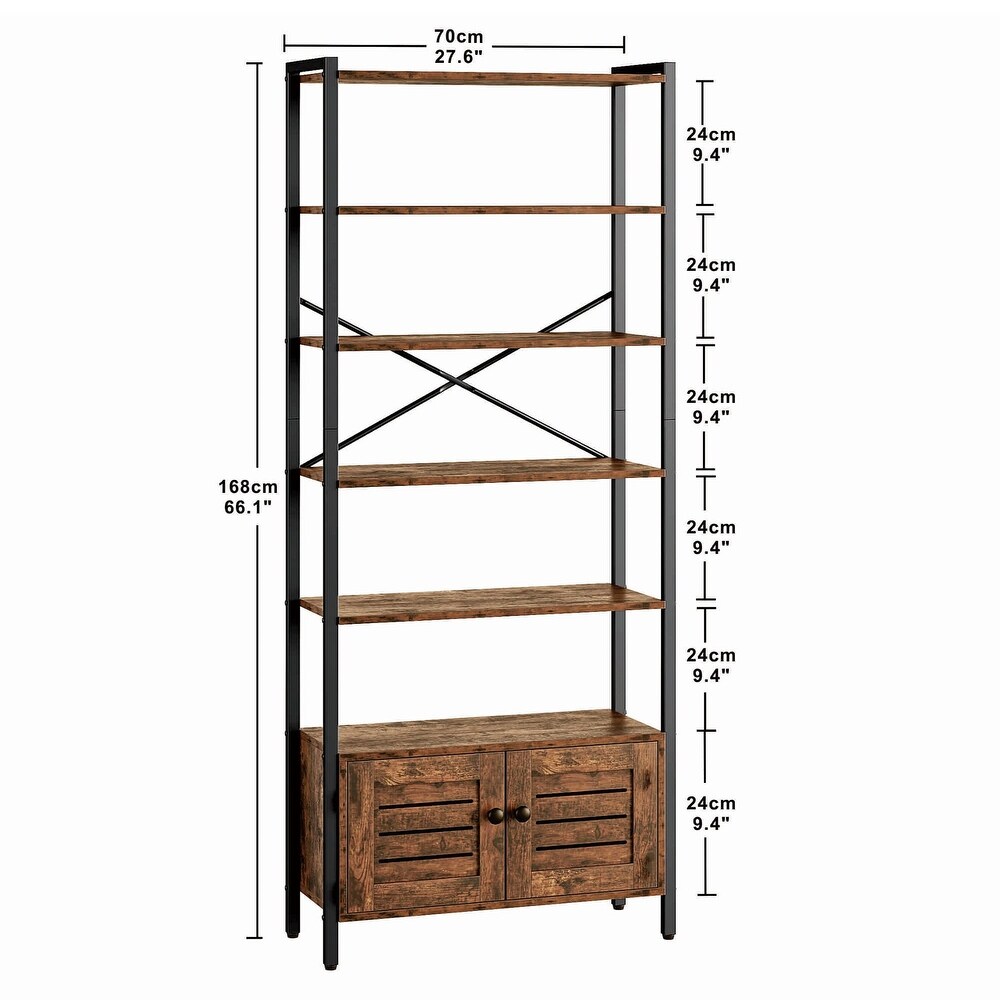 Bookshelf and Bookcase with 2 Louvered Doors and 5 Shelves  Standing Storage Cabinet for Living Room