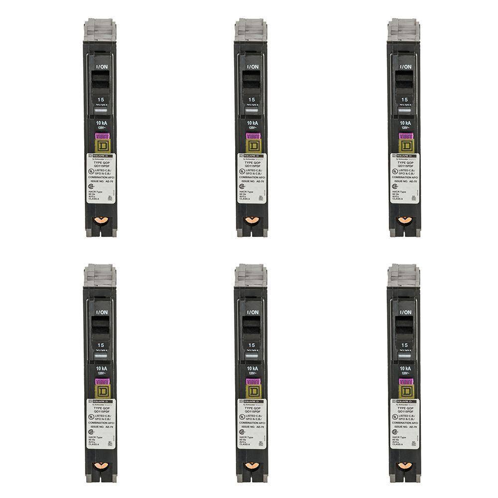 Square D QO 15 Amp Single-Pole Plug-On Neutral Dual Function (CAFCI and GFCI) Circuit Breaker (6-Pack) QO115PDFC6