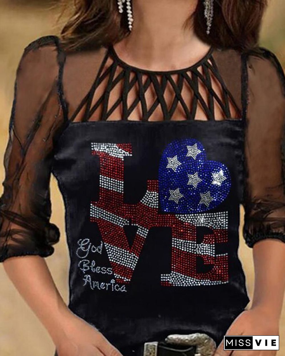 Independence Day Print Long Sleeve Mesh Contrast T-shirt P12383