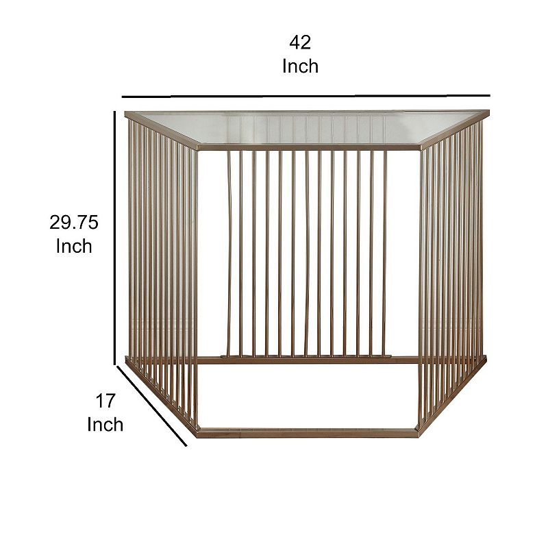 Metal and Glass Sofa Table with Vertical Slat Design， Gold