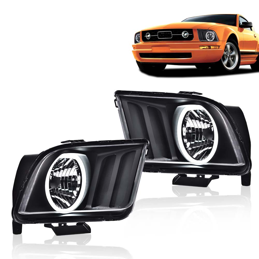 G-Plus Headlights Fit for 2005-2009 Ford Mustang Clear/Black LED DRL Halo Headlights Left and Right