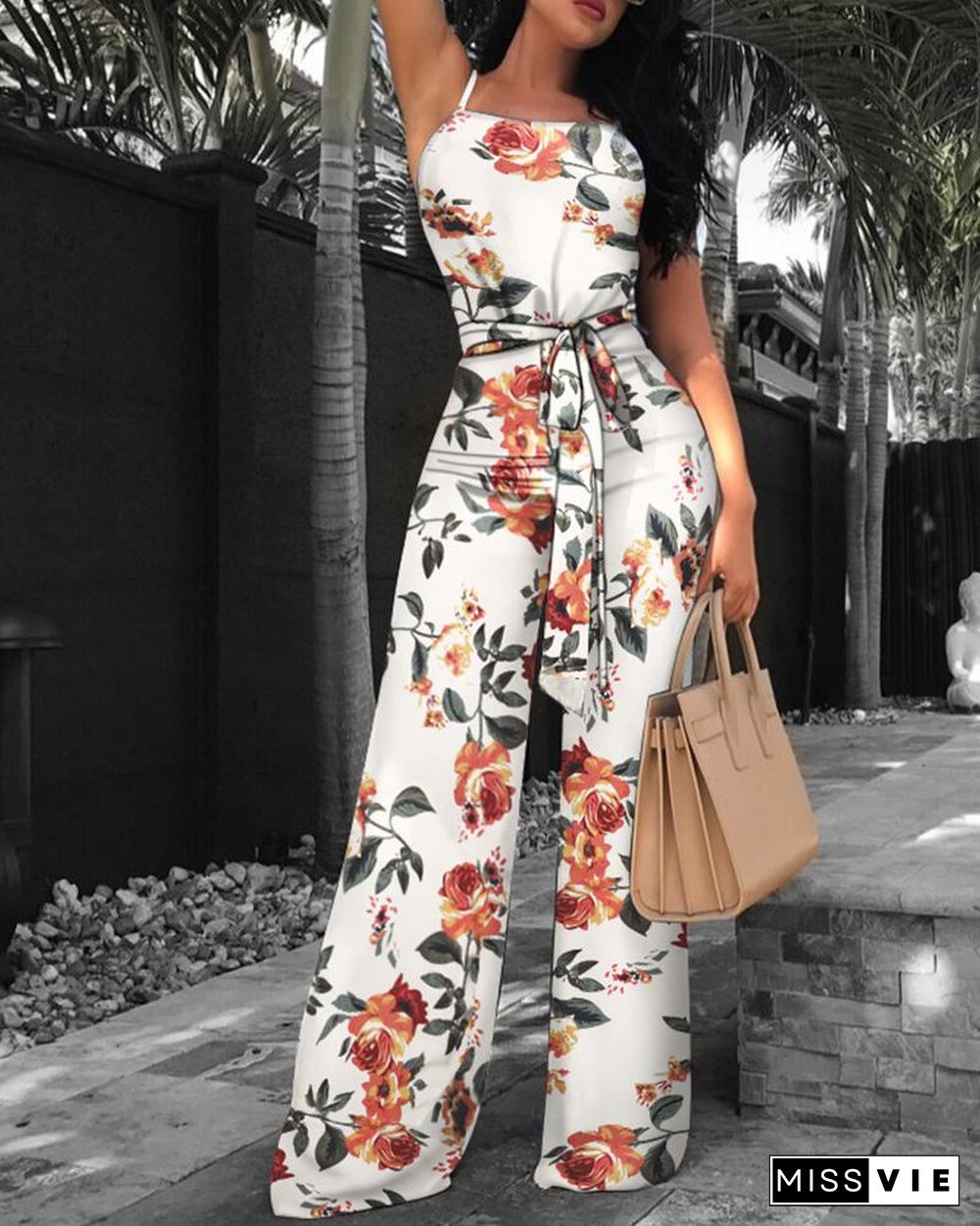 Print Floral Belted Wide Leg Jumpsuit