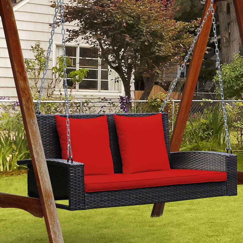 2-Person Rattan Wicker Outdoor Patio Hanging Porch Swing Bench Chair with Sturdy Steel Chain & Cushions