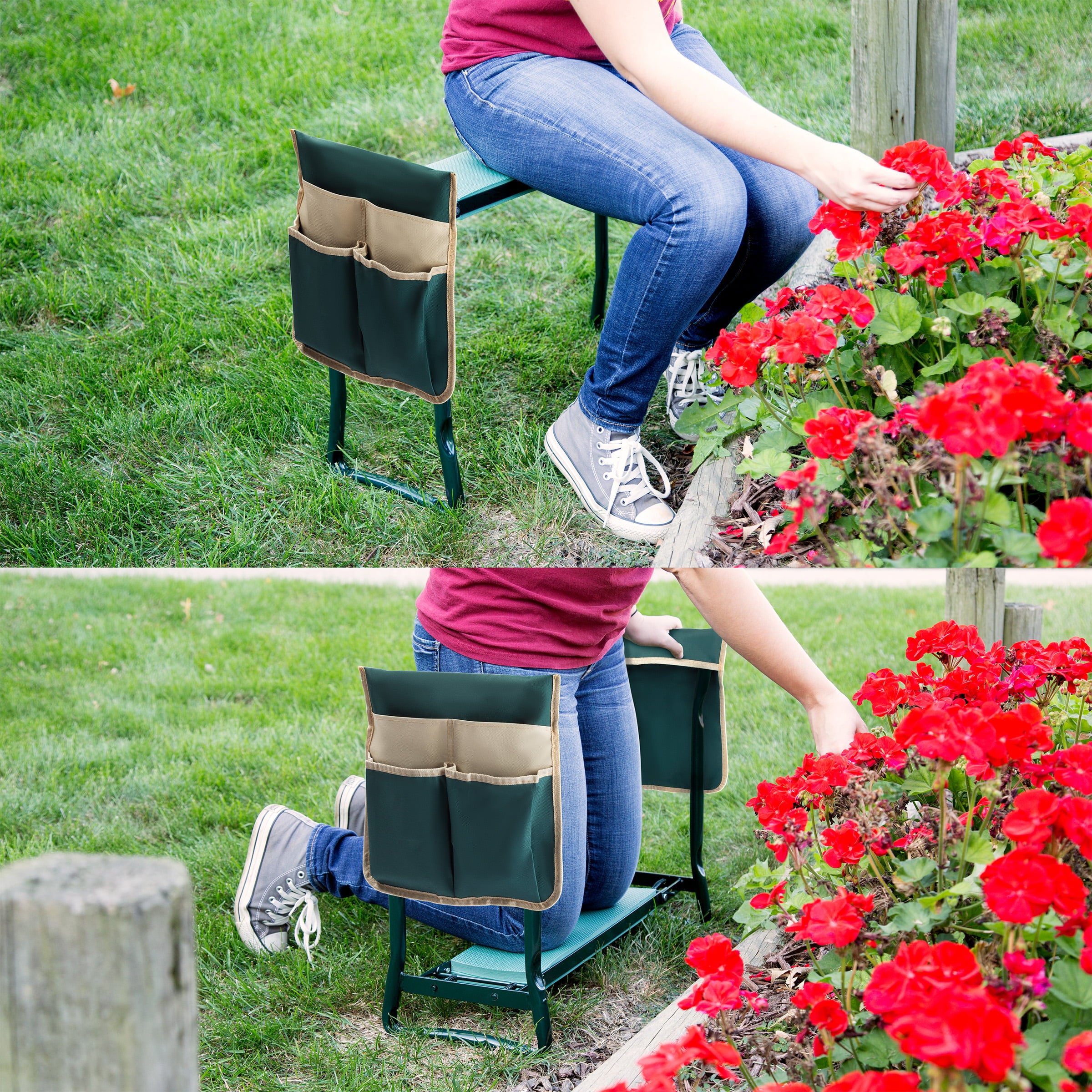 Pure Garden Kneeler Bench - Foldable Stool with 2 Tool Pouches (Green)