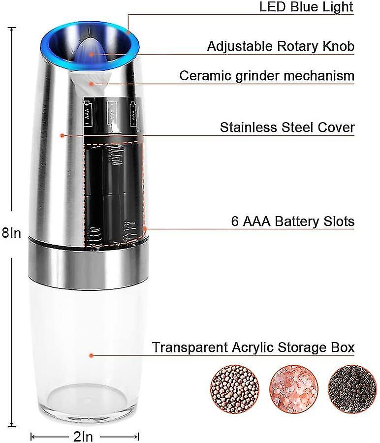 Gravity Salt And Pepper Grinder， Stainless Steel Electric Pepper Mill Automatic