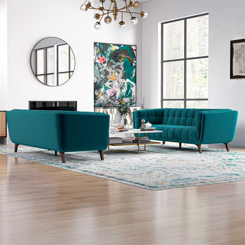 Kartmes Mid Century Modern Living Room Velvet Sofa Set in Turquoise   Midcentury   Living Room Furniture Sets   by Homesquare  Houzz