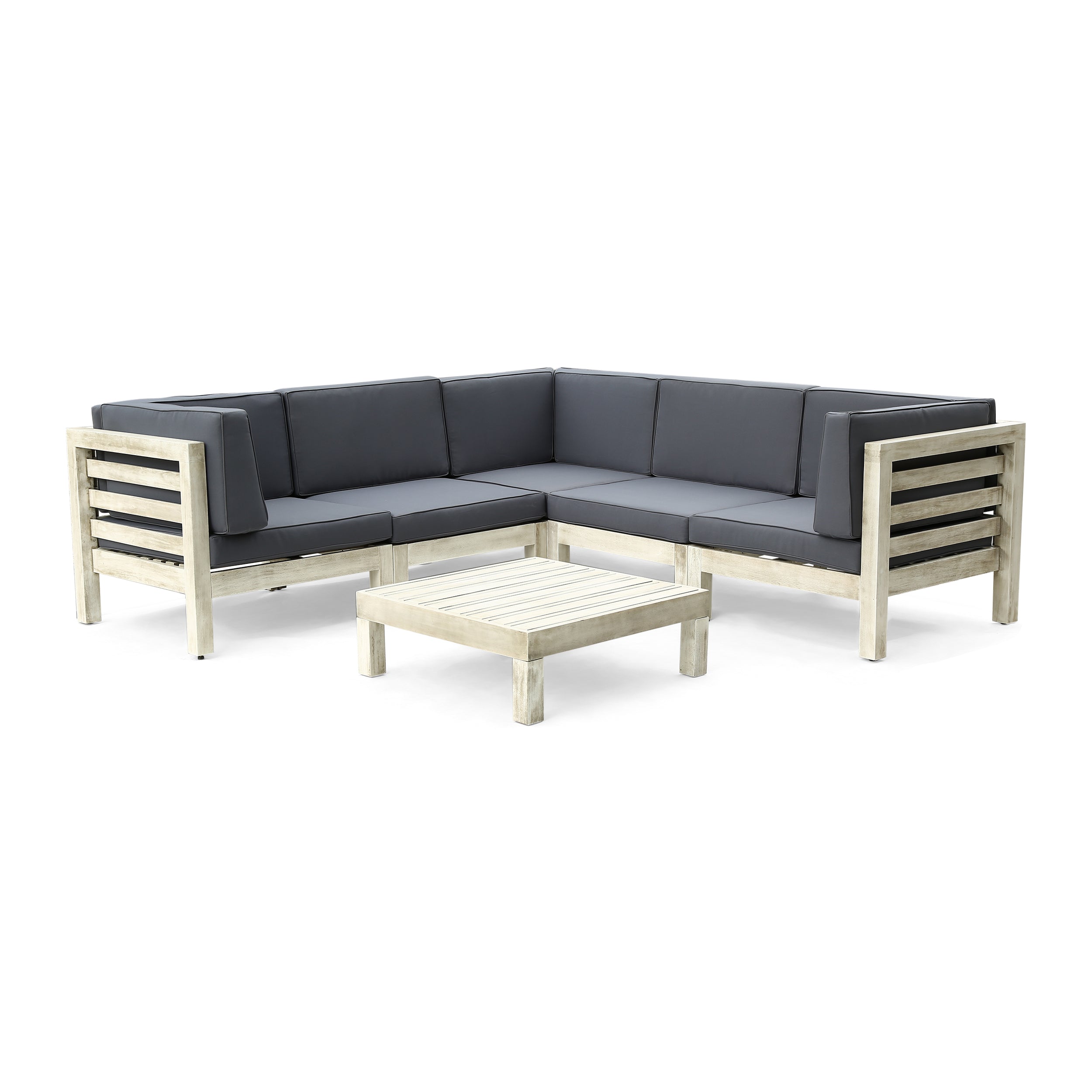 Dawson Outdoor V-Shaped Sectional Sofa Set with Coffee Table - 6-Piece 5-Seater - Acacia Wood - Outdoor Cushions - Weathered Gray and Dark Gray