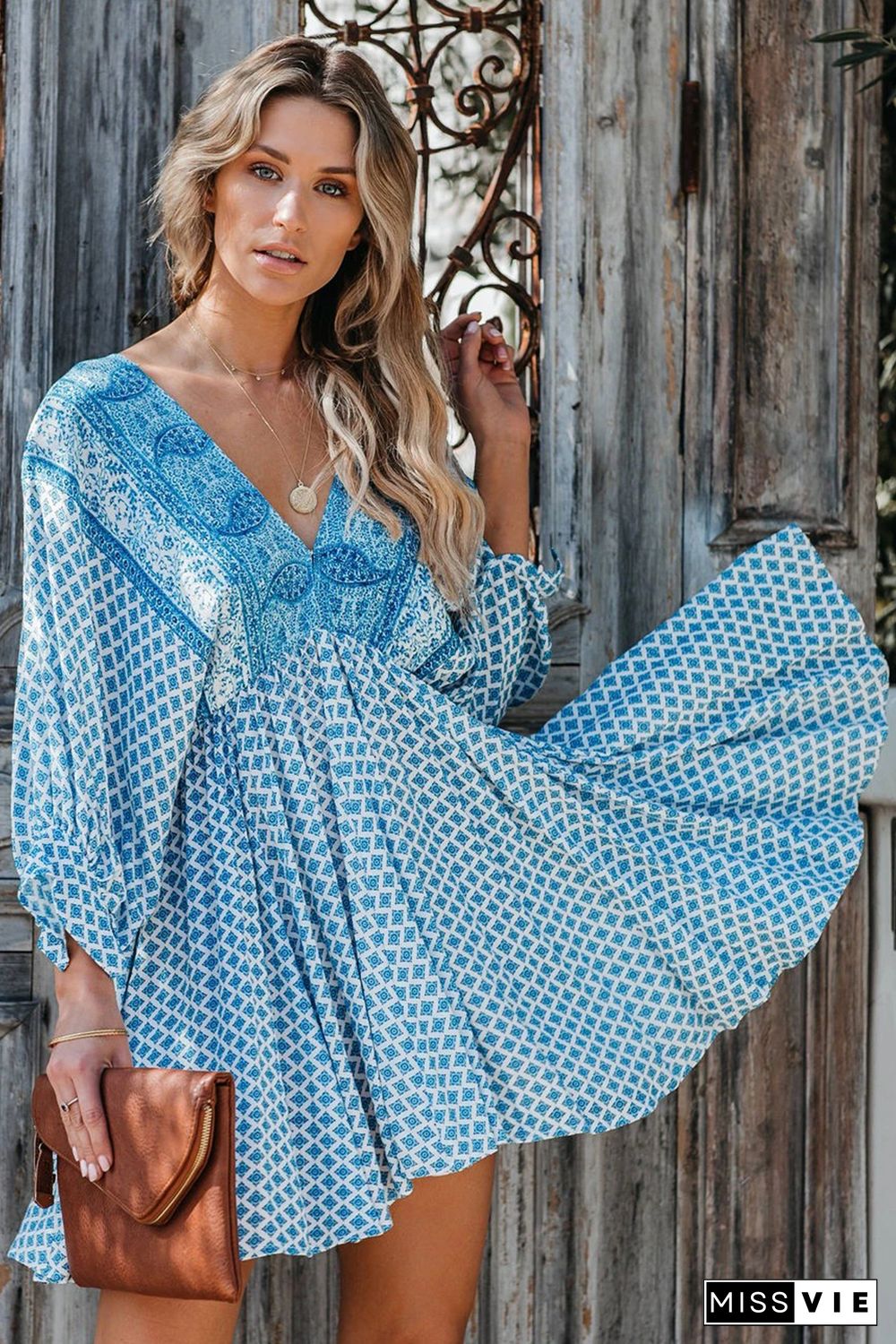 Sky Blue V Neck 3/4 Sleeve Bohemian Vintage Print Mini Dress