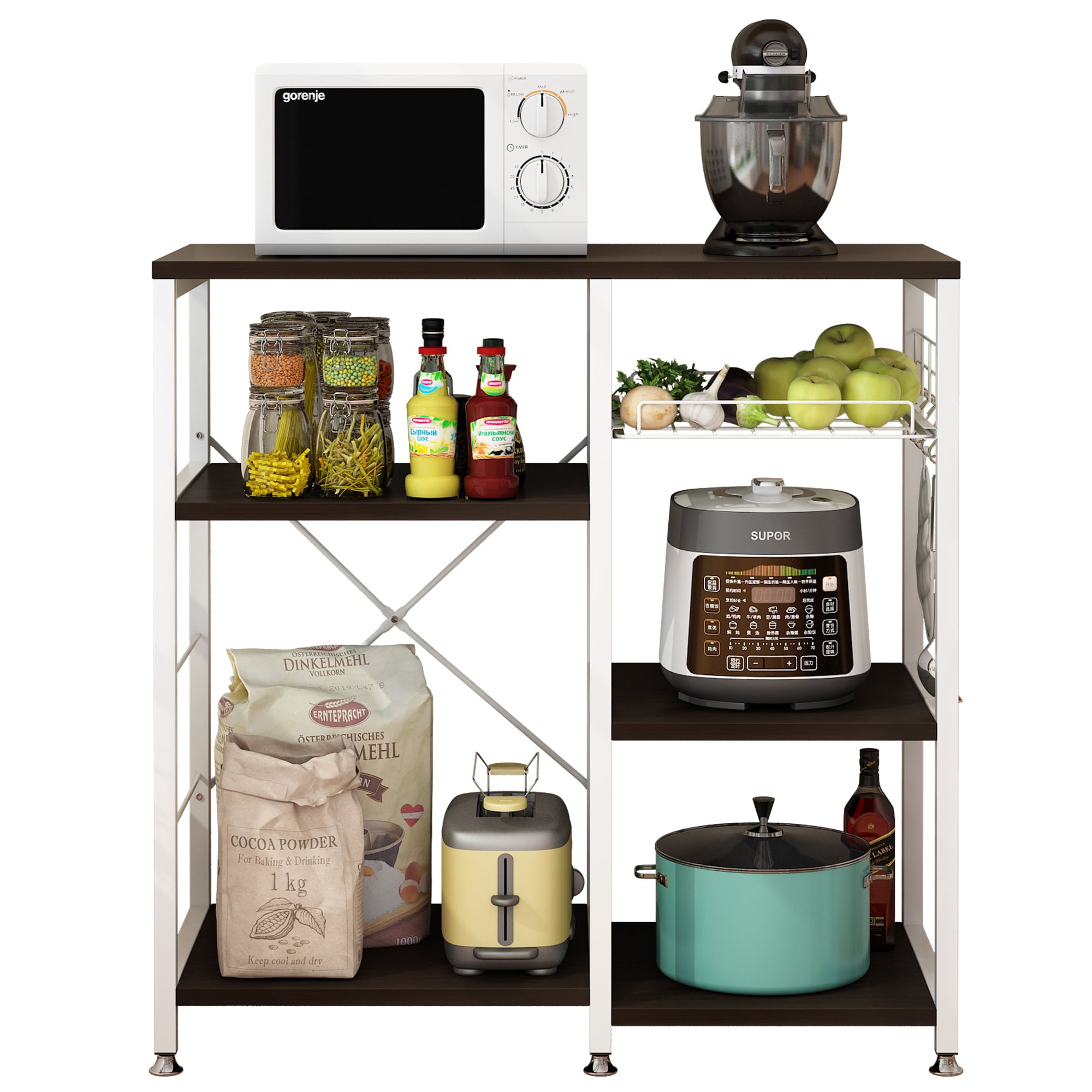 UbesGoo 4-Layer Kitchen Microwave Oven Stand Baker's Rack Storage Shelf Organizer with Basket and Hooks， Dark Brown