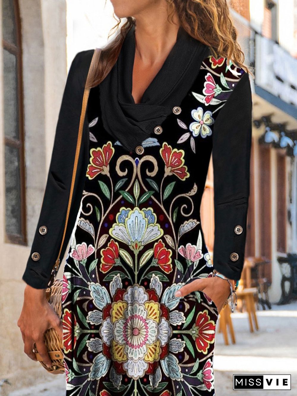 Buttoned V Neck Ethnic Floral Long Sleeve Plus Size Casual Dresses