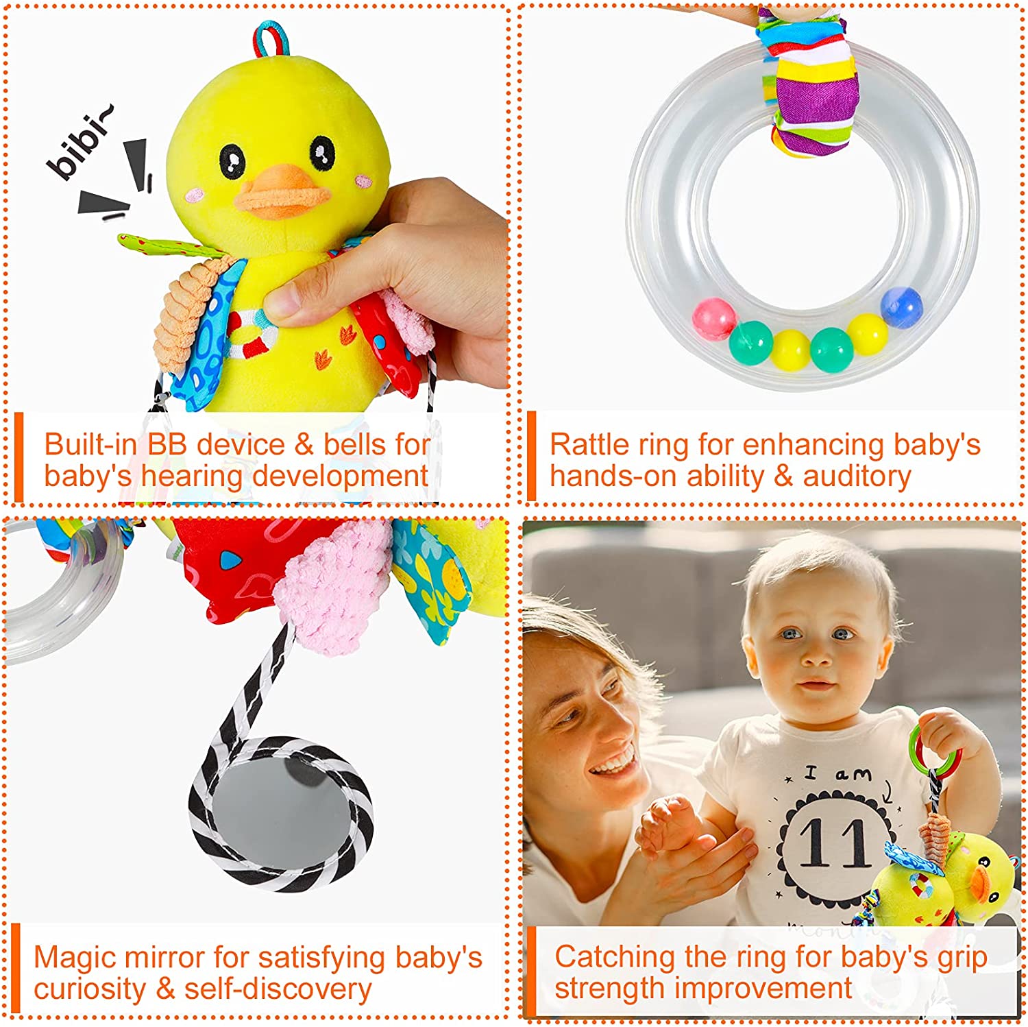 Stroller Toys and Car Seat Toys for Infants with Teether Hanging Stroller Toys Toddlers Clip on Toys Soft Plush Baby Toys for Boys and Girls 3-12 Months