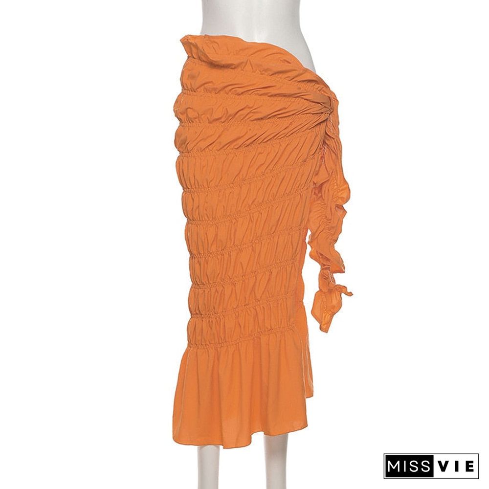 Back To School Outfit  Summer Long Pleated Skirt Women Sexy Lace Up High Waist Side Split Woven Skirts Beach Style Female Outfits Orange Skirts