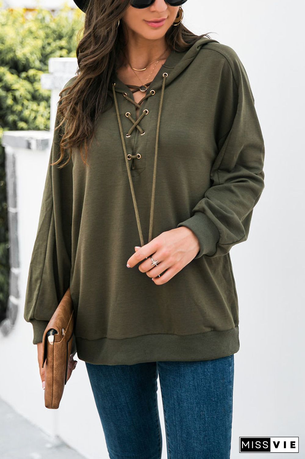 Drop Shoulder Criss-cross Hoodie Wholesale