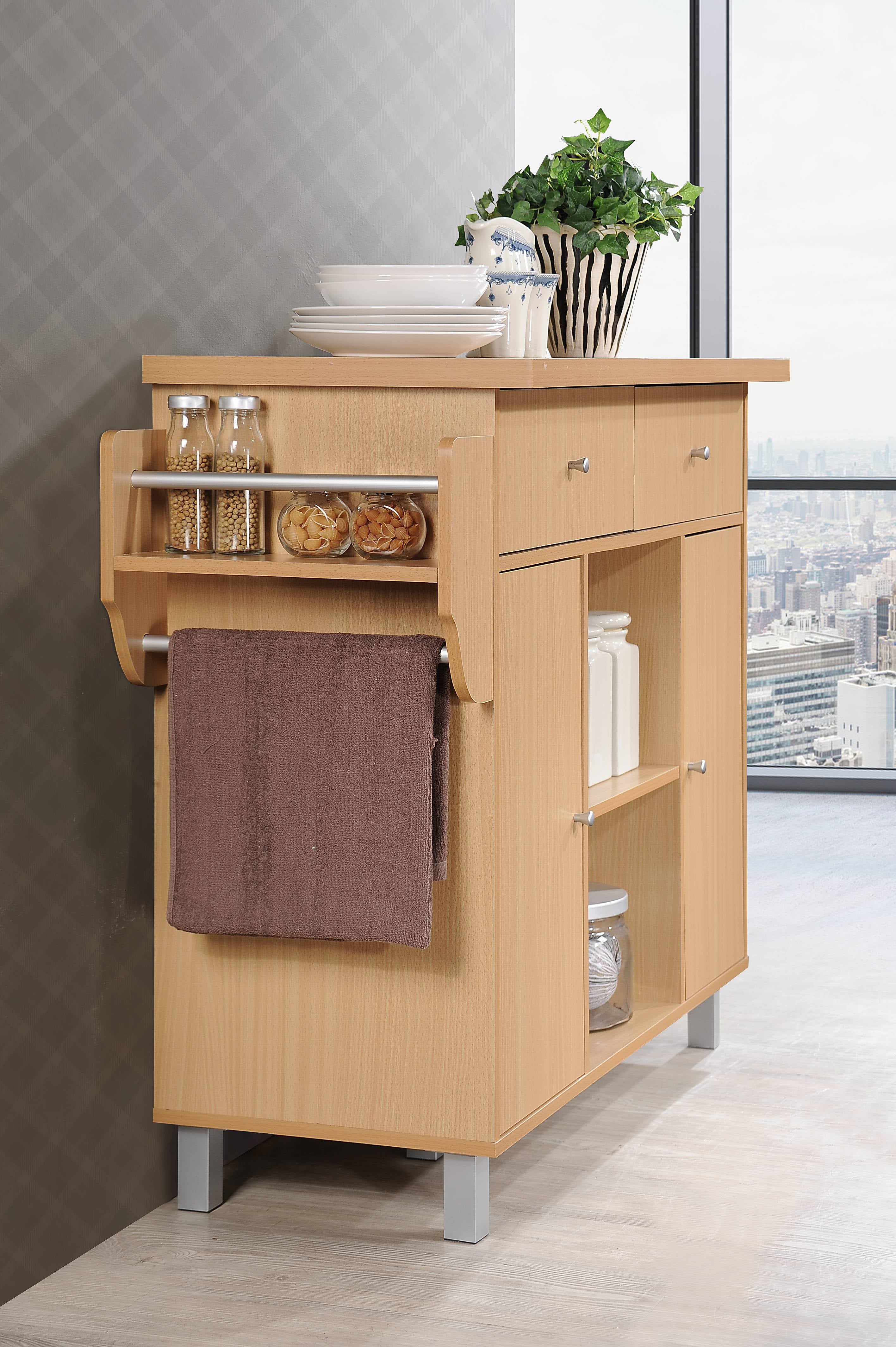 Hodedah Kitchen Island with Spice Rack plus Towel Holder， Beech