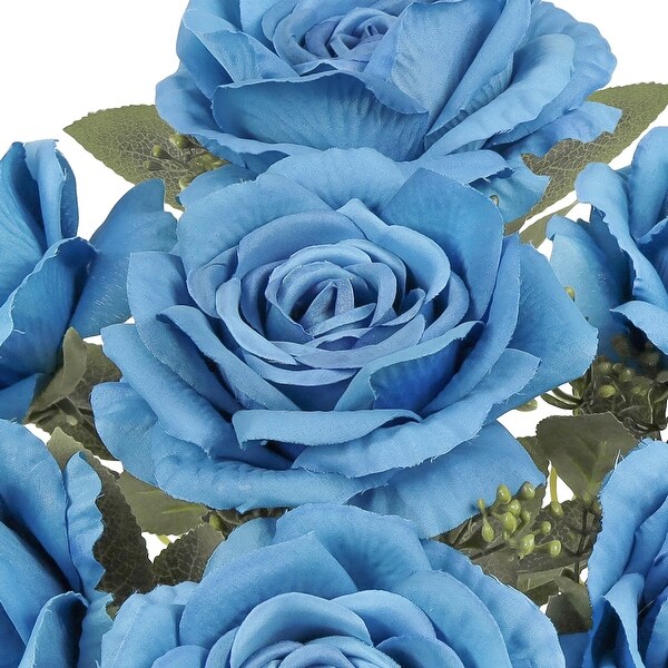 Set of 2 Deluxe Blue Artificial Elegant Rose Flower Stem Bush Bouquet 17in