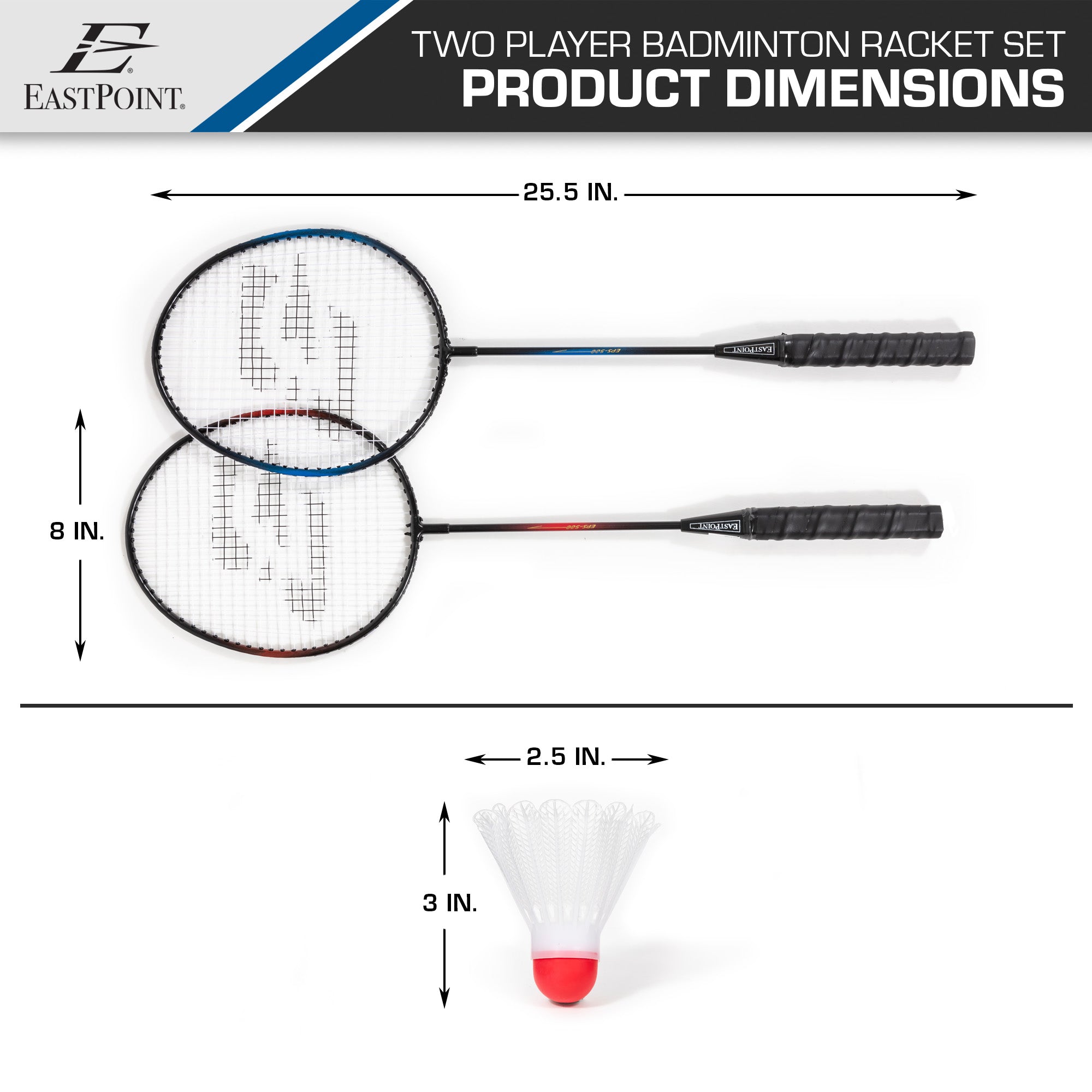 EastPoint Sports 2 Player Badminton Racket Set; Contains 2 Rackets with Tempered Steel Shafts and Soft, Comfortable Handles and 2 Durable, White Shuttlecocks for Entertainment with Friends and Family