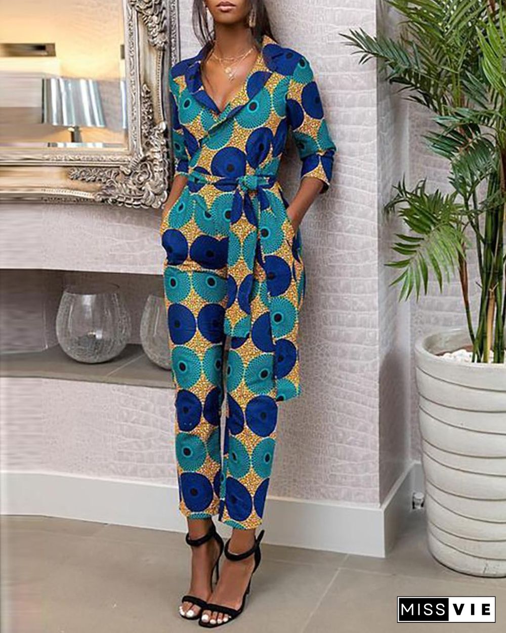 Print Colorblock Notched Neck Tied Jumpsuit