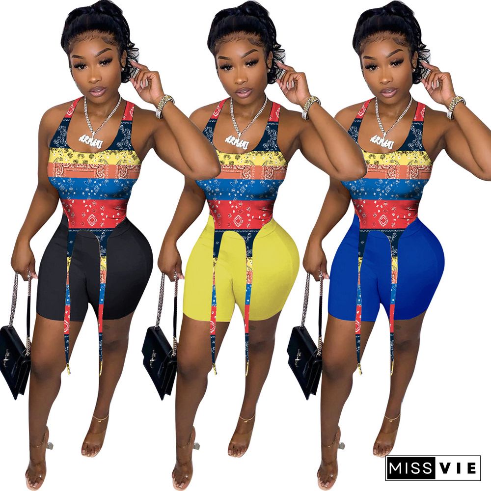 Streetwear Women's Fashion Bandanna Paisley Print Tank Tops Bodycon Shorts 2 Piece Outfits Set