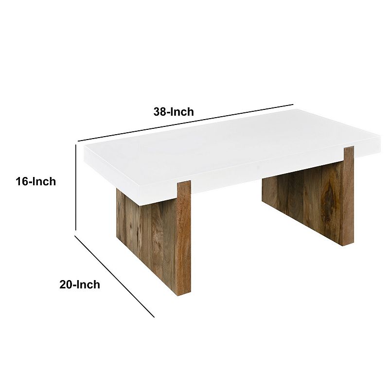 Kerry 38 Inch Mango Wood Coffee Table， Rectangular， Sled Base， Glossy White， Natural Brown