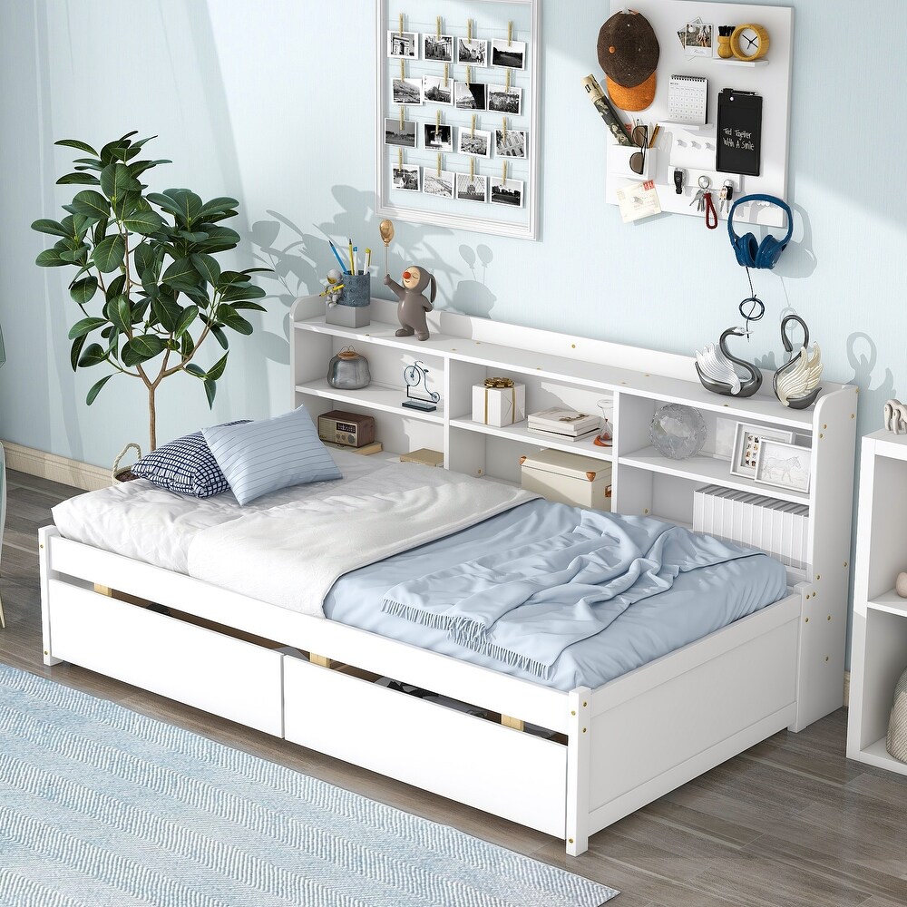 Twin Size Storage Daybed Wood Platform Bed with Side Bookcase and 2 Drawers  White