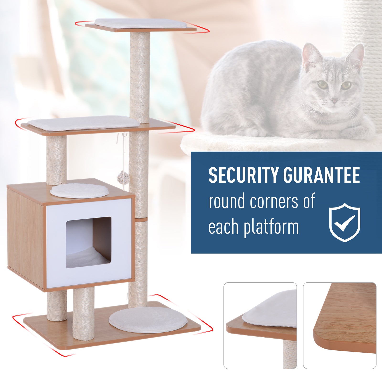 Pawhut 47” Modern Cat Tree Multi-Level Scratching Post With Cube Cave Enclosure - Oak Wood and White