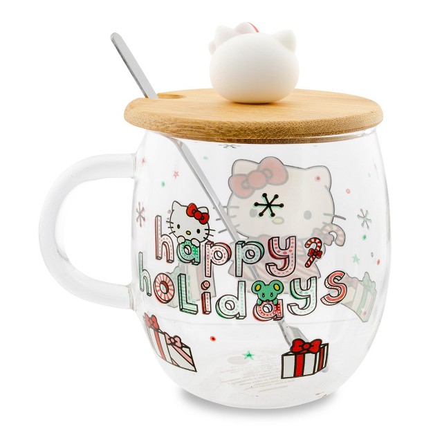 Silver Buffalo Sanrio Hello Kitty Holiday 17 ounce Glass Coffee Mug With Lid And Spoon