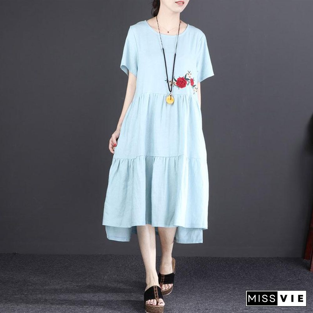 Fine linen dress oversized Short Sleeve Embroidered Flax Irregular Blue Dress