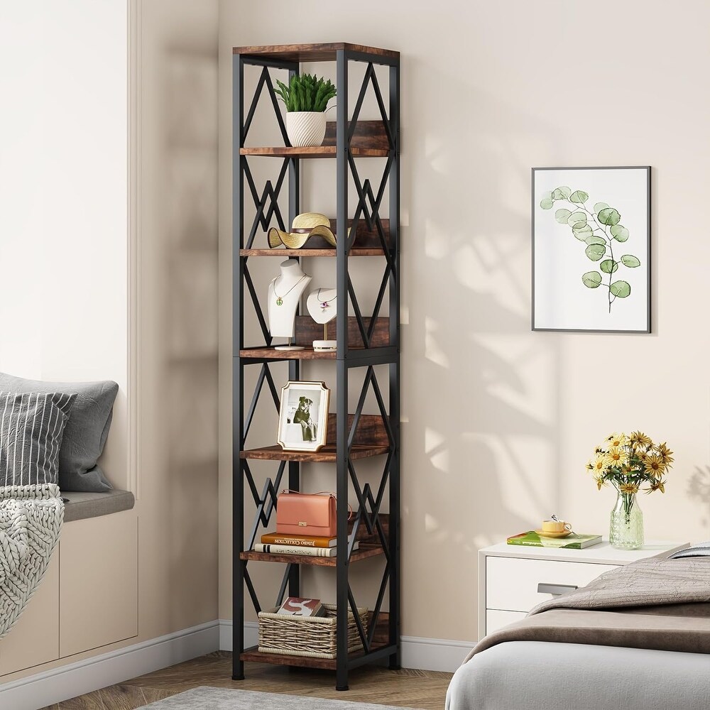 75 Inches Tall Narrow Bookcase with Heavy Duty Metal Frame