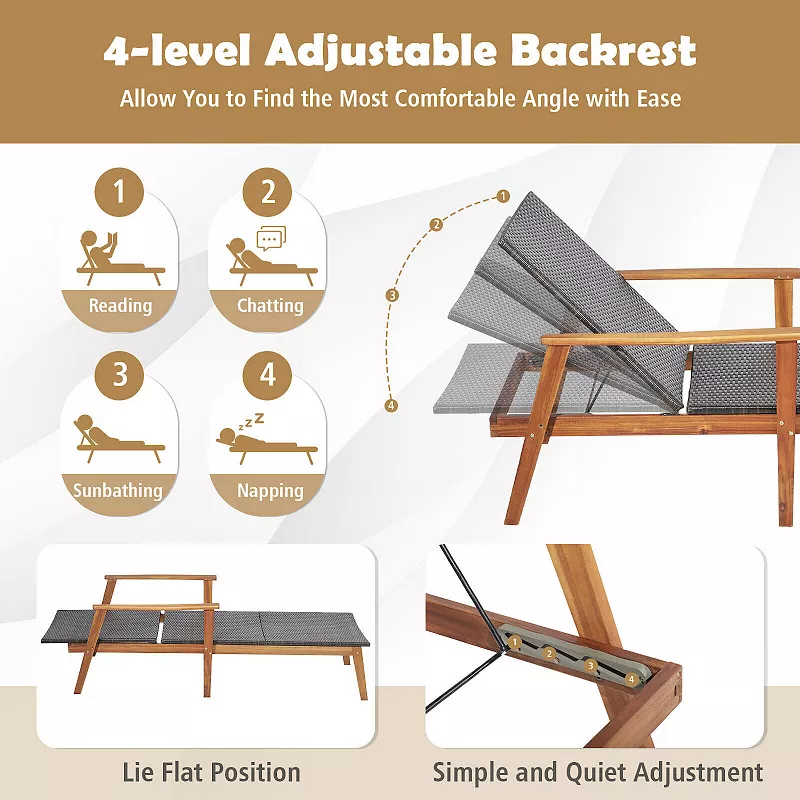 2 Pieces Patio Chaise Lounge and Table Set with 4-Level Adjustable Backrest