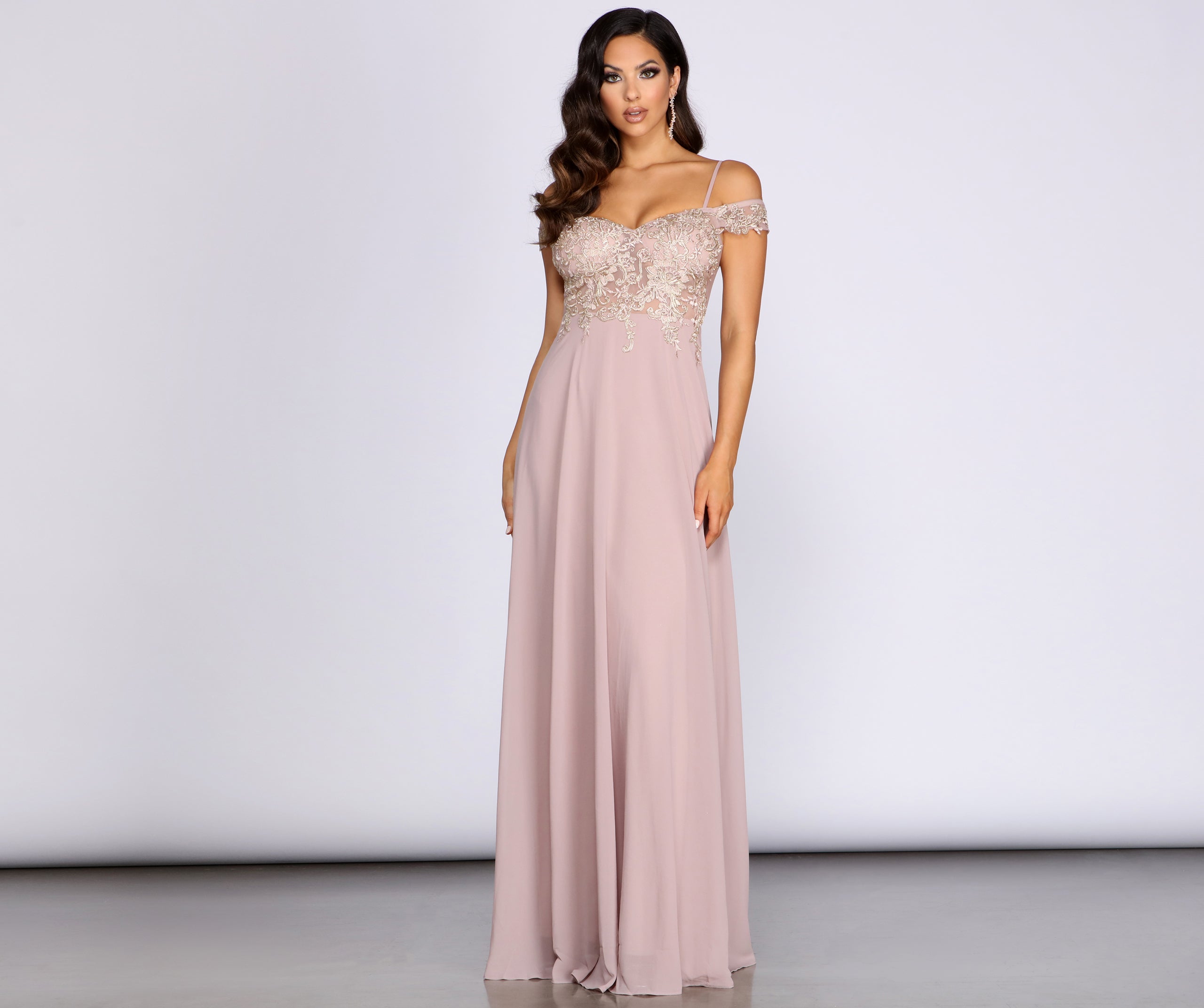 Shea Metallic Applique Off Shoulder Chiffon Dress