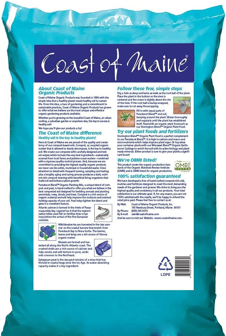 Coast of Maine OMRI Listed Penobscot Blend Organic Compost and Peat Potting Soil Mix for Container Gardens and Flower Pots, 1 Cubic Foot 4 Pack