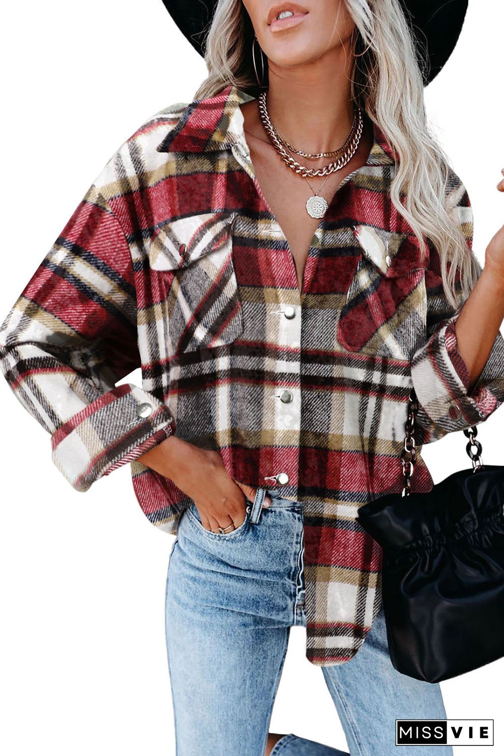 Geometric Plaid Print Pocketed Shirt