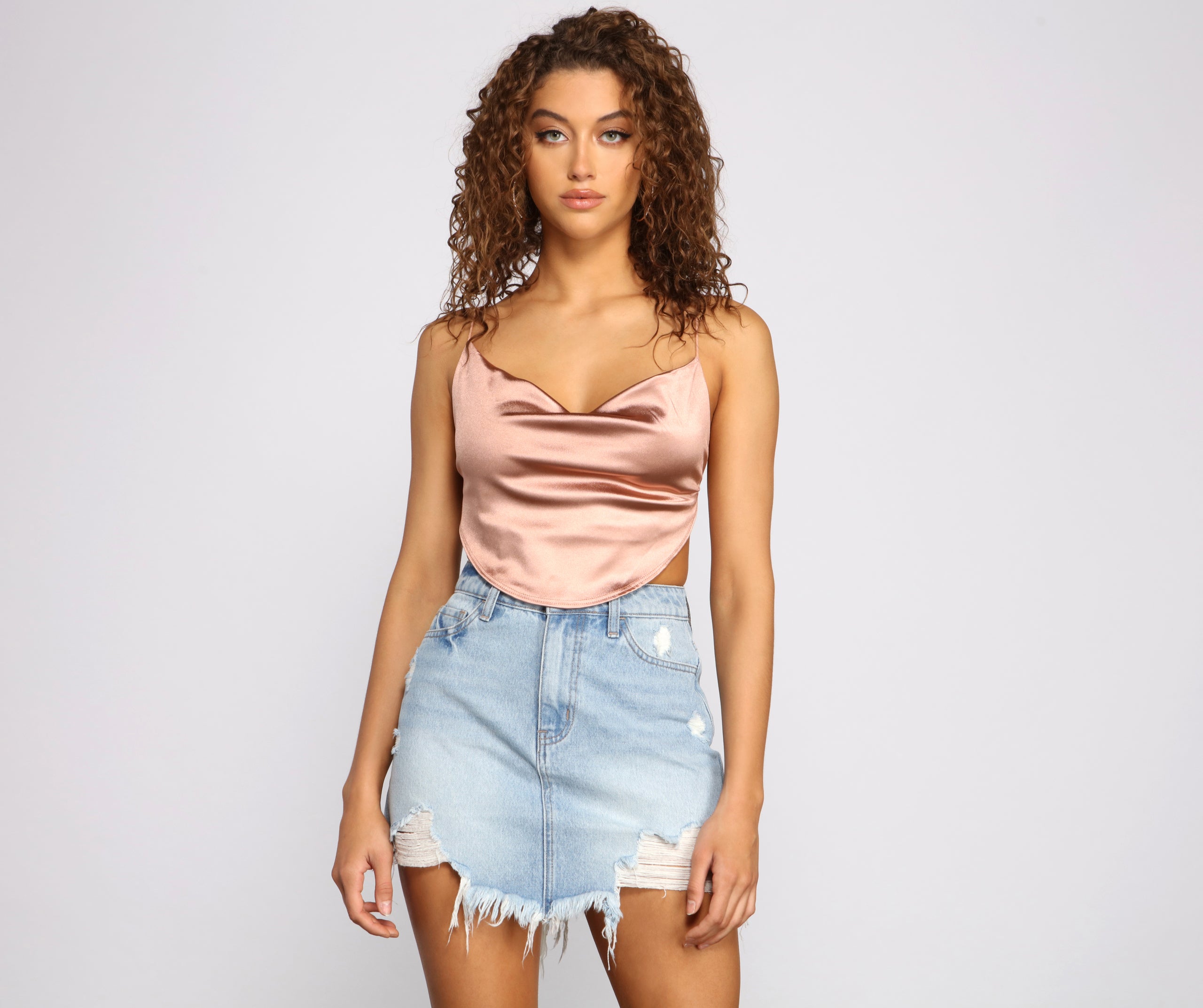 Satin Cowl Neck Strappy Crop Top