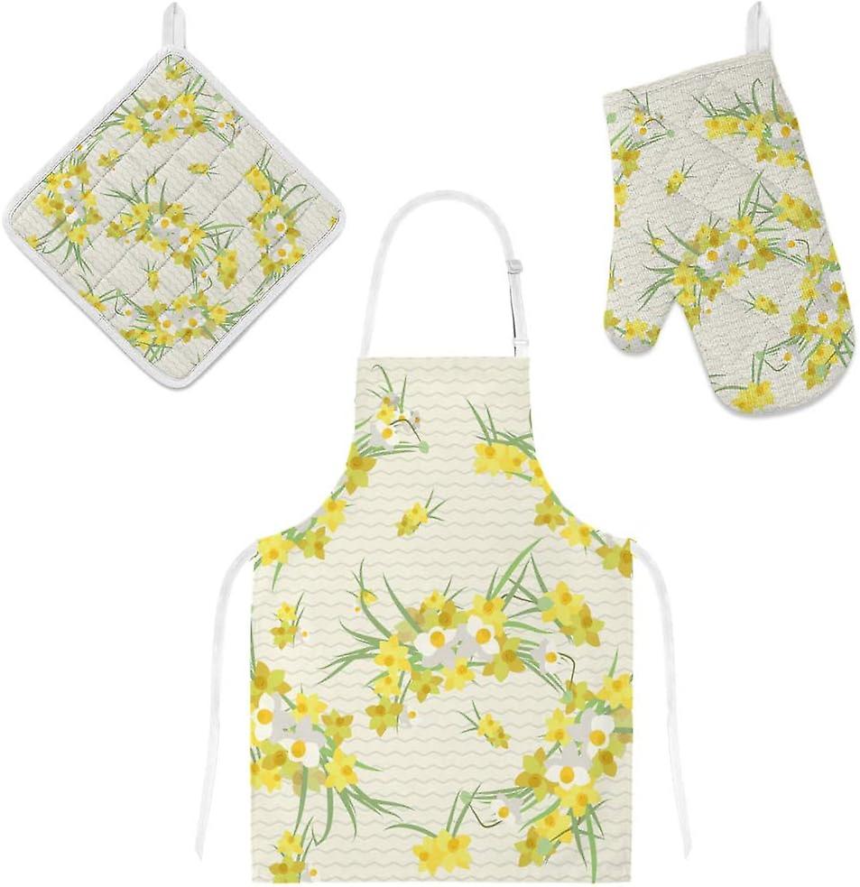 Kitchen Oven Mitts Glove Potholder Apron 3pcs Set Floral Narcissus Non Slip Heat Resistant Mitts For Baking Cooking Bbq