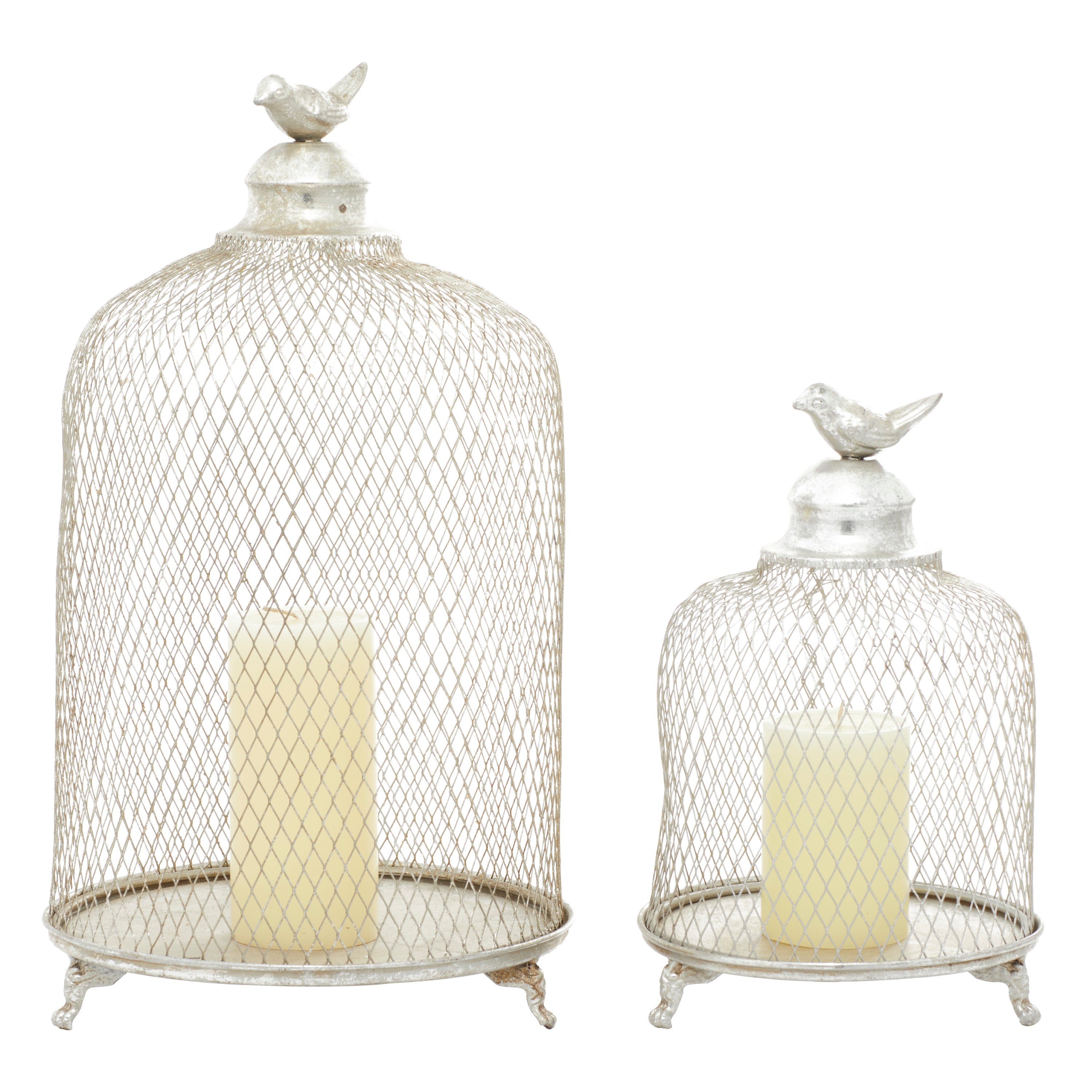 DecMode 2 Holder Silver Metal Bird Cage Style Cloche Candle Lantern with Elevated Stand， Set of 2