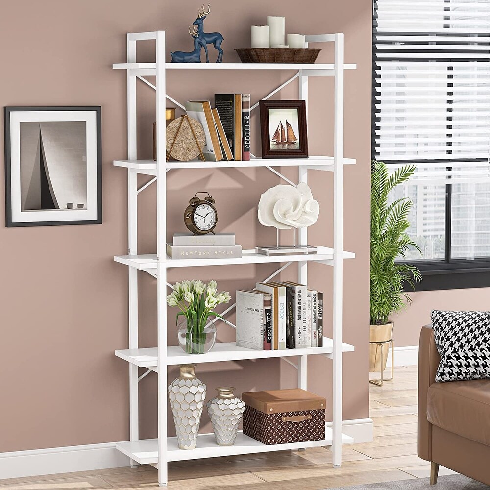 White Bookshelf 5 Tier Bookcase with Metal Frame