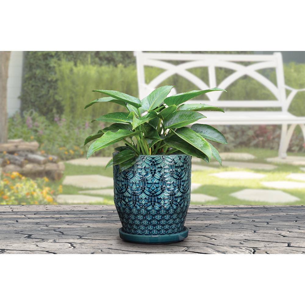 Trendspot 12 in. Dia Blue Rivage Ceramic Decorative Pot CR10853-12A