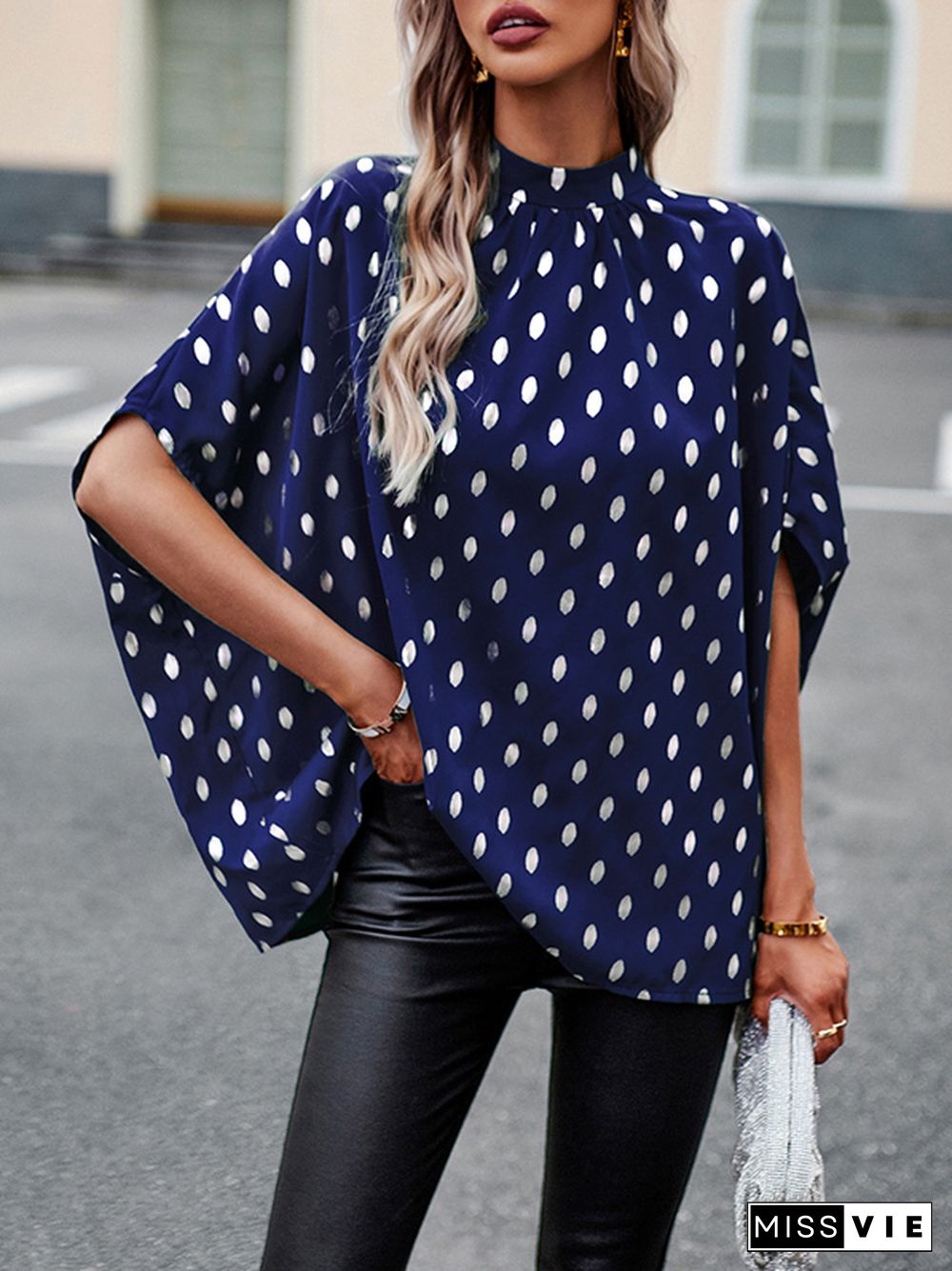 Loose Bandage Polka Dot Round-Neck Blouses&Shirts Tops